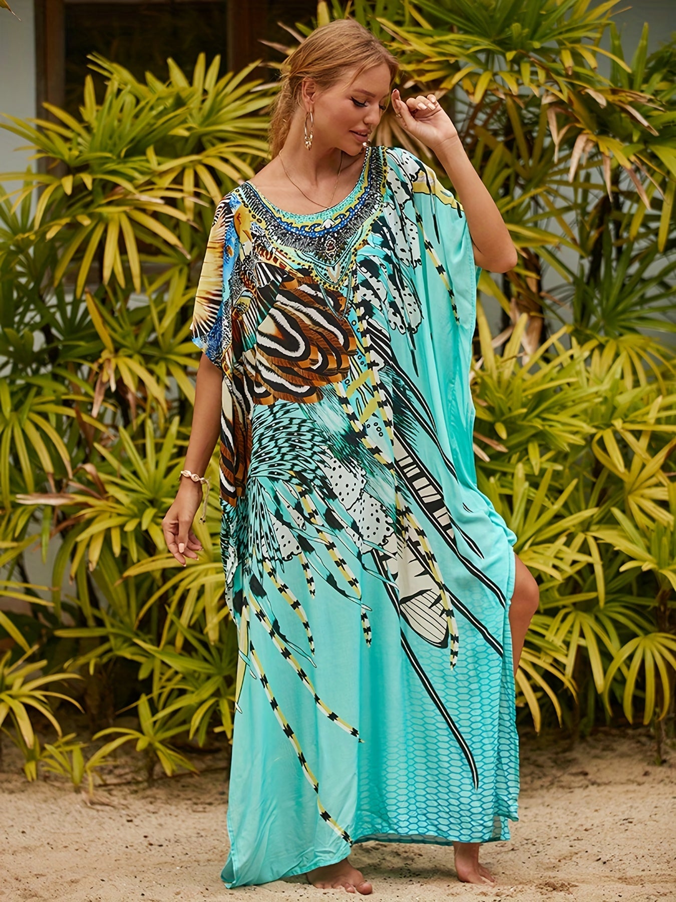 Boho Cover Up Women's Plus Animal Print Bat Sleeve V Neck
