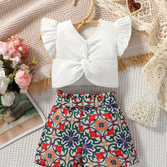 2pcs Baby Girls Ruffle Sleeve Top & Pattern Shorts Set