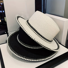 Faux Pearl Decor Sun Hat Flat Short Brim French Style Travel Beach Hat Women