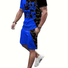 Men's Camo ''KING'' Crown Print T-shirt & Shorts Set for Summer