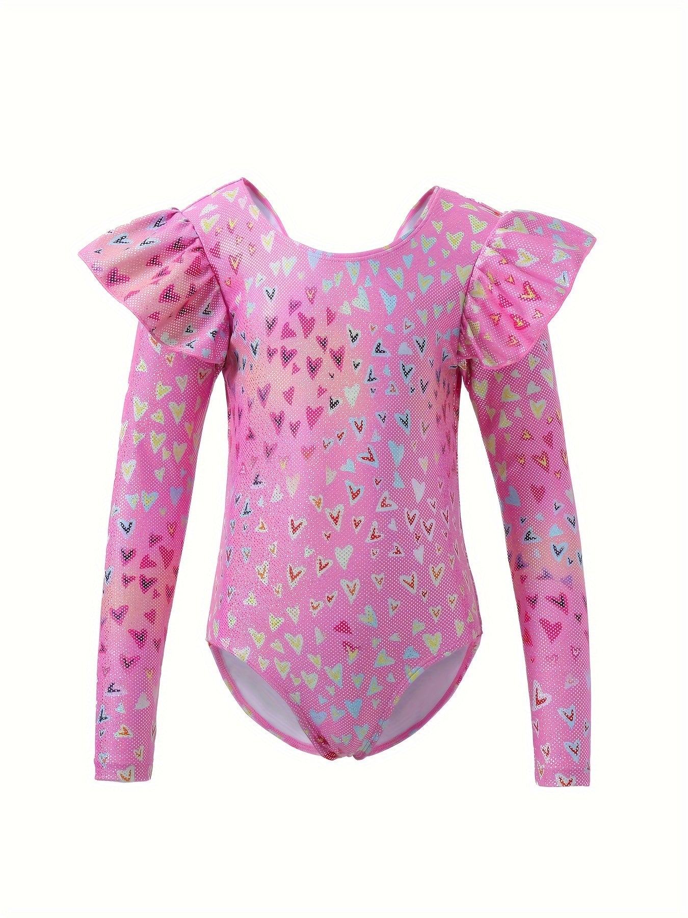 Girls Heart Graphic Flutter Trim Long Sleeve Gymnastics Leotard