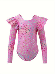 Girls Heart Graphic Flutter Trim Long Sleeve Gymnastics Leotard