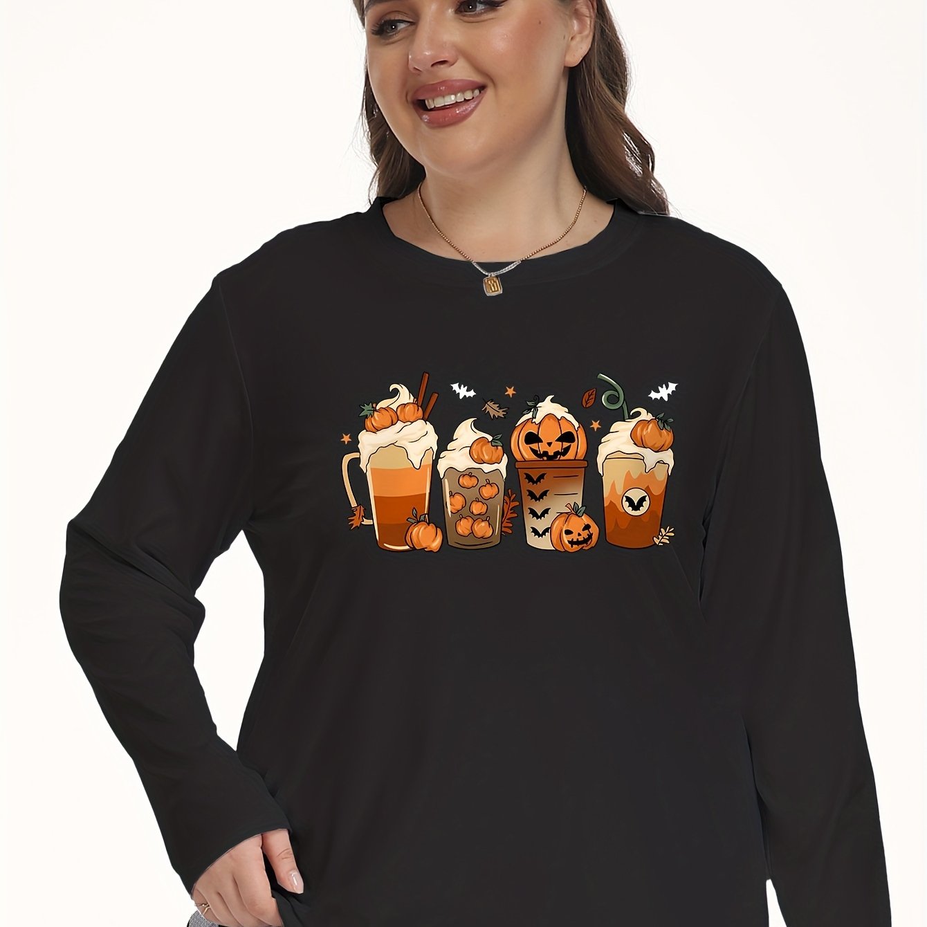 Pumpkin Milk Tea Print Long Sleeve Pajama Top