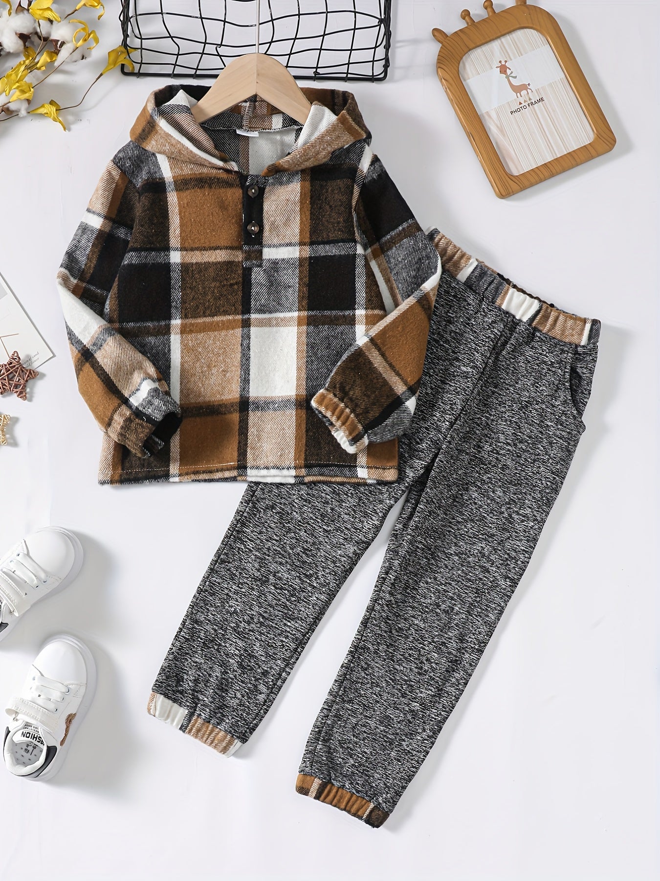 Toddler Boy's Hooded Shirt & Pants Set Plaid Pattern Casual Outfits