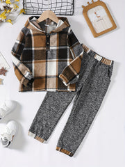 Toddler Boy's Hooded Shirt & Pants Set Plaid Pattern Casual Outfits