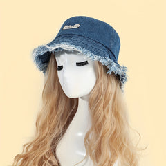 Denim Washed Tassel Bucket Hat Ripped Vintage Fisherman Cap