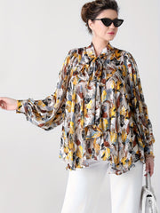 Vacay Blouse Women's Plus Leaf Print Lantern Sleeve Blouse