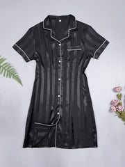 Striped Print Satin NightDress Short Sleeve Pajama Dress Women's Sleepwear