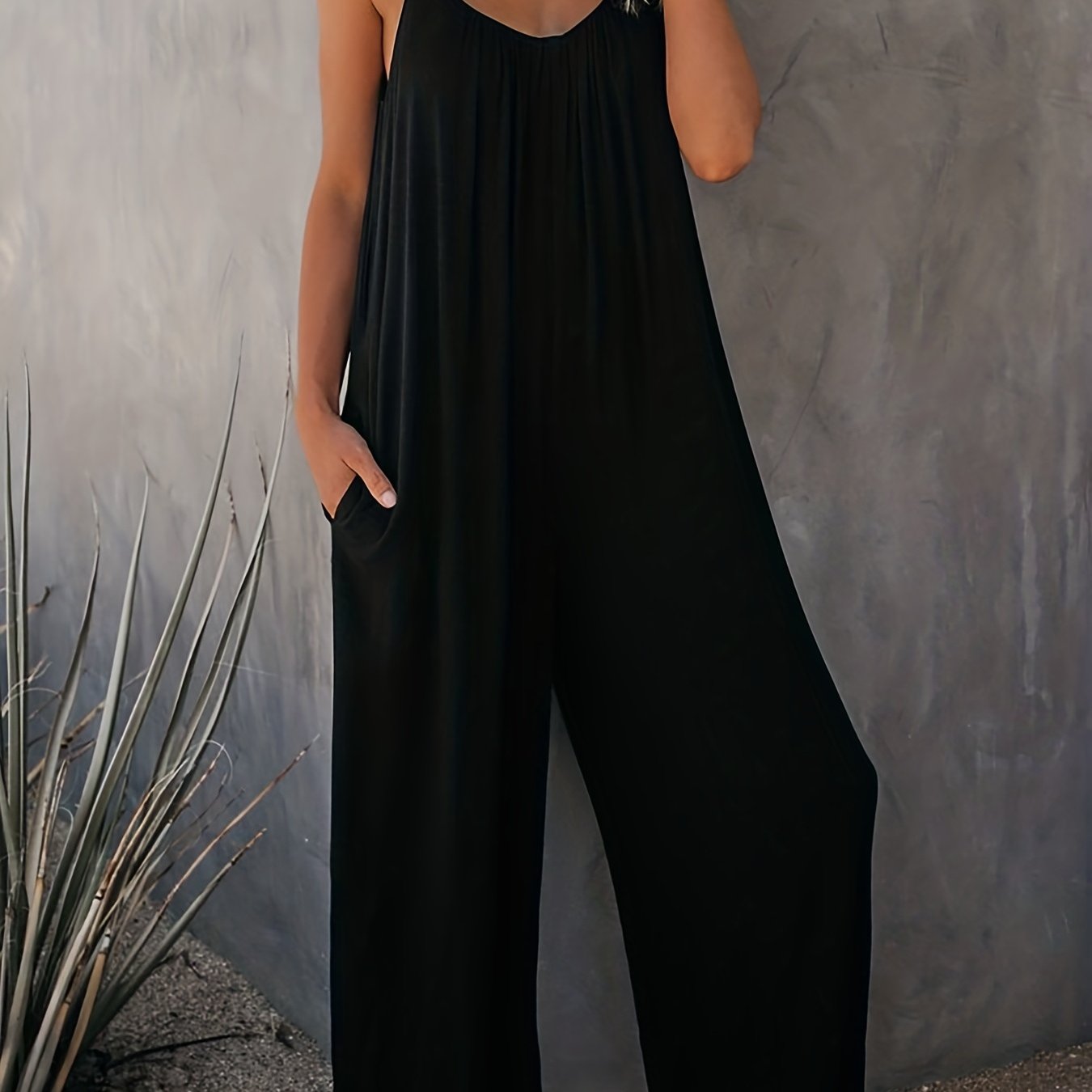 V-Neck Wide Leg Jumpsuit with Pockets