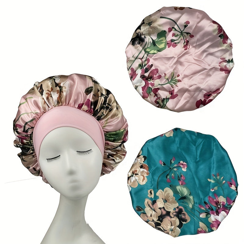 Flower Print Wide Brim Bonnet Satin Cap For Women