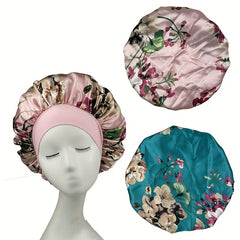 Flower Print Wide Brim Bonnet Satin Cap For Women