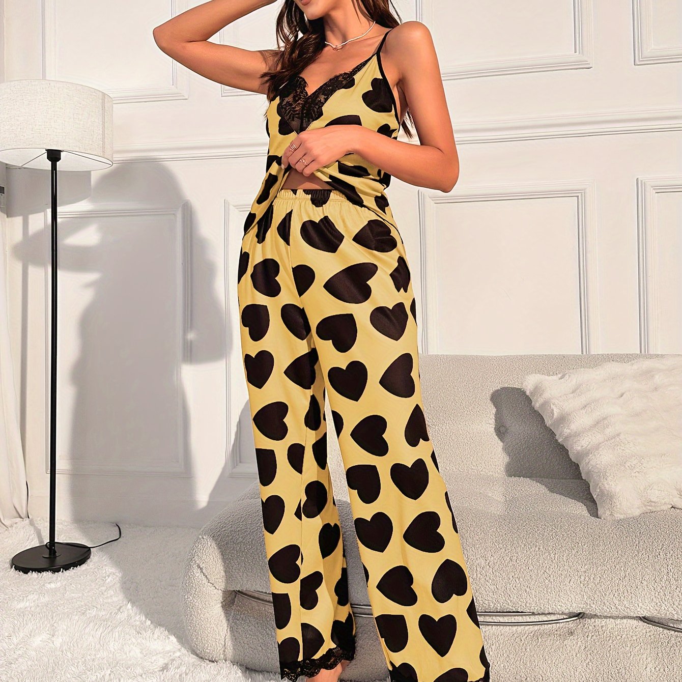 Heart Print Pajama Set Lace Trim V Neck Cami Top & Pants Sleepwear