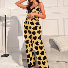 Heart Print Pajama Set Lace Trim V Neck Cami Top & Pants Sleepwear
