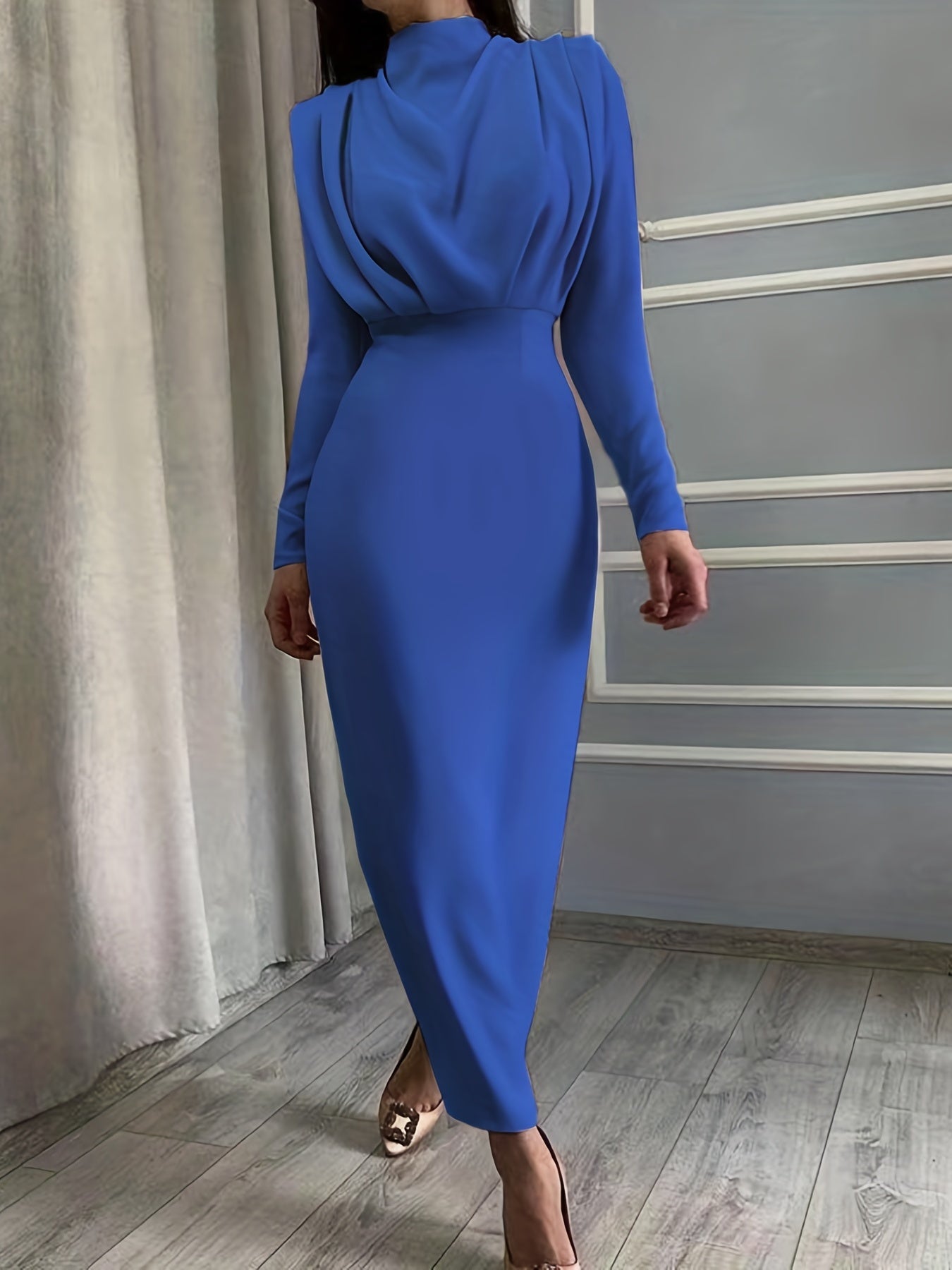 Ruched Long Sleeve Slim Waist Dress Women's Clothing