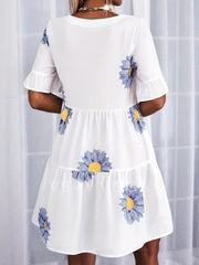 Floral Print Ruffle Trim V Neck Mini Dress