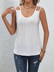 Eyelet Cutout Straps Tank Top Crew Neck Summer Sleeveless Top