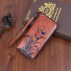 Vintage Leather Wrist Wallet Coffee & Floral Print