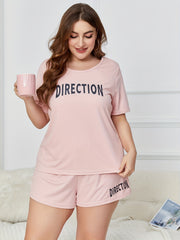 Letter Print Pajama Set Ribbed Short Sleeve Top & Shorts Two Piece