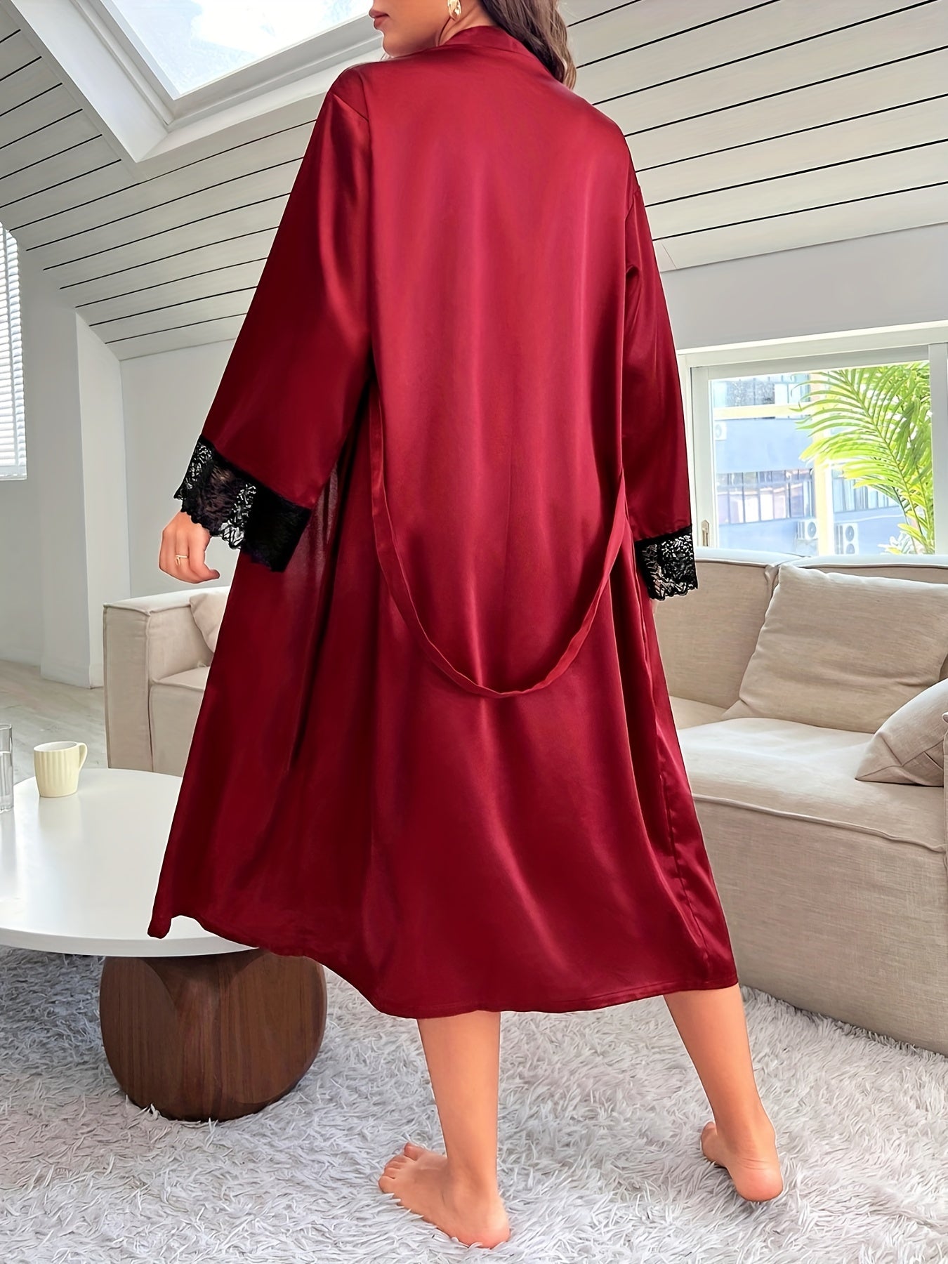 Lace Stitching Lounge Set Long Sleeve Robe & Slip Dress