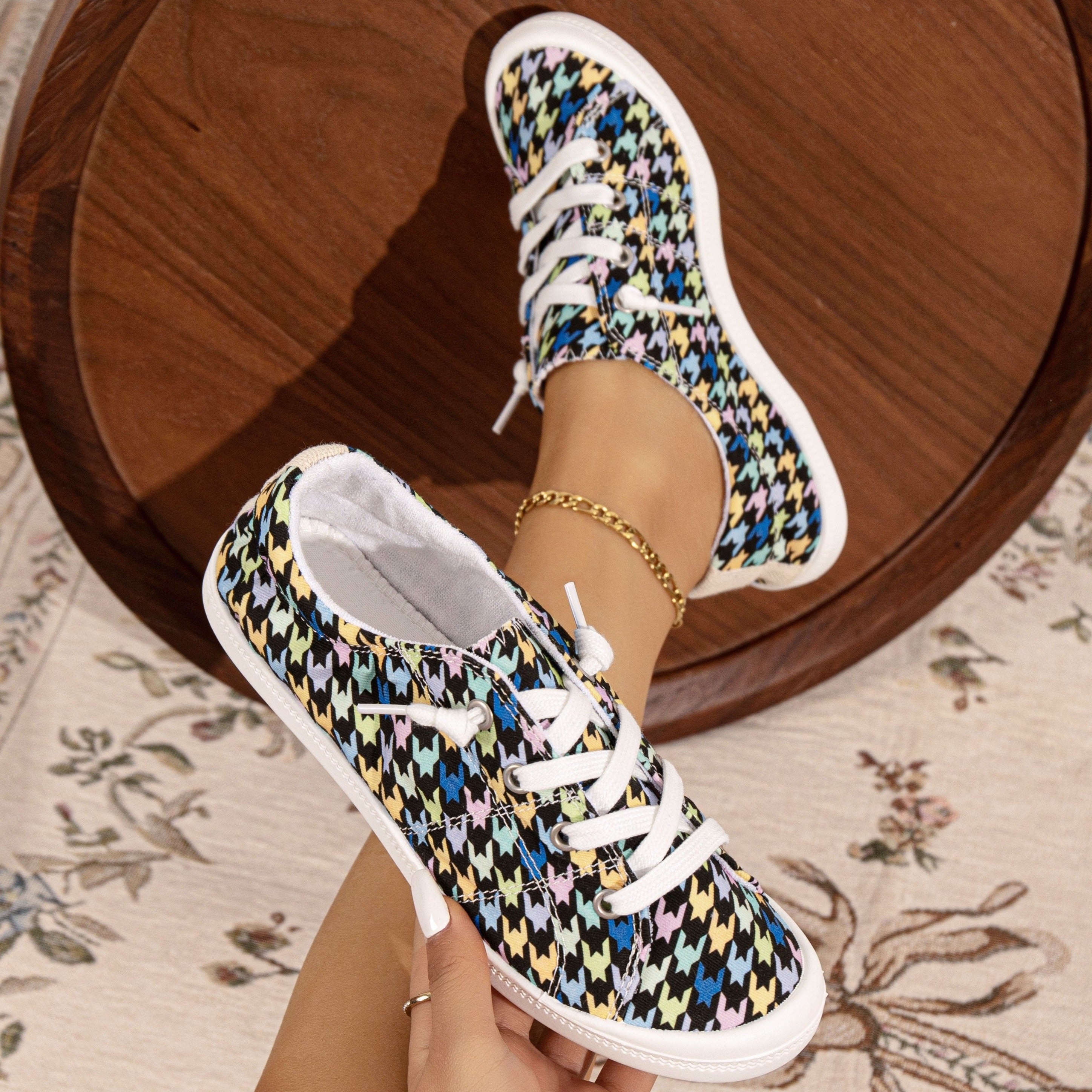 Women's Colored Houndstooth Canvas Shoes Lace Up Flat Sneakers