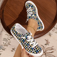 Women's Colored Houndstooth Canvas Shoes Lace Up Flat Sneakers