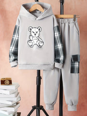 Boy's Bear Pattern Outfit Hoodie & Sweatpants Set For Spring Fall