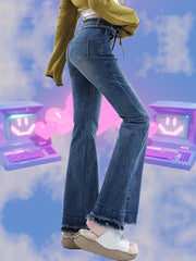 Frayed Trim Pintuck Jeans High Waist Slim Fit Flared Jeans