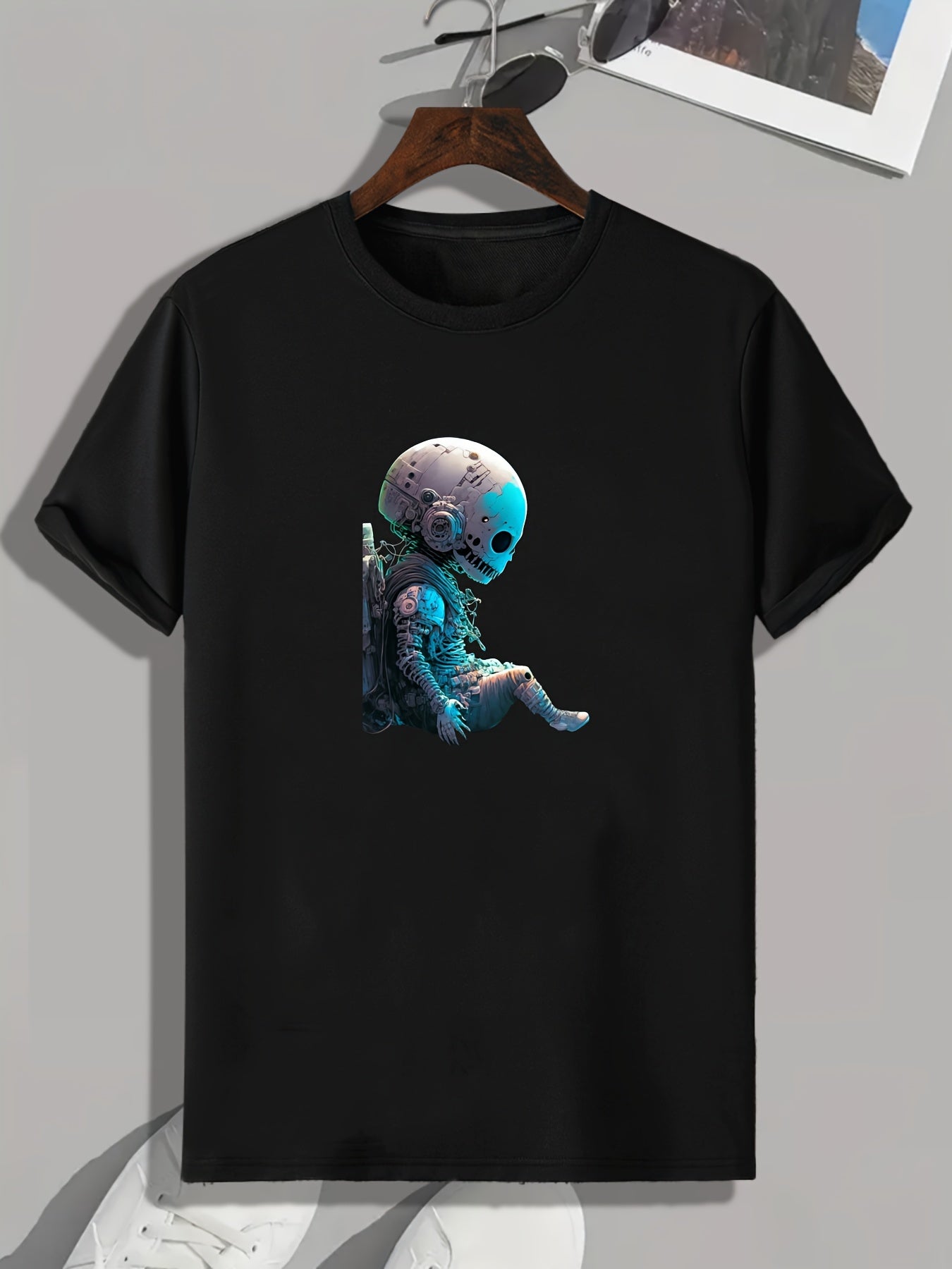 Astronaut Skull Print Men's T-shirt Stretch Breathable Tee For Summer