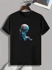 Astronaut Skull Print Men's T-shirt Stretch Breathable Tee For Summer