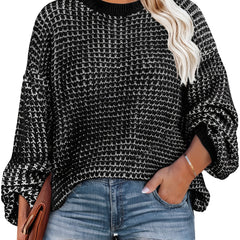 Casual Sweater Women's Plus Two Tone Lantern Sleeve Pullover Jumper