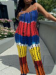 Tie Dye Cami Jumpsuit Round Neck Slight Stretch