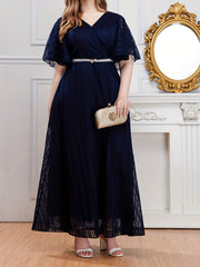 Solid V Neck Maxi Party Dress With Belt