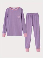 2pcs Kids Cat Print Pajama Set Long Sleeve Top & Pants