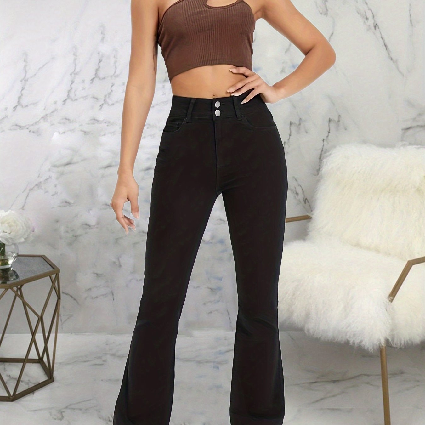 Wide Leg Double Button Jeans High Rise Flare Denim Pants