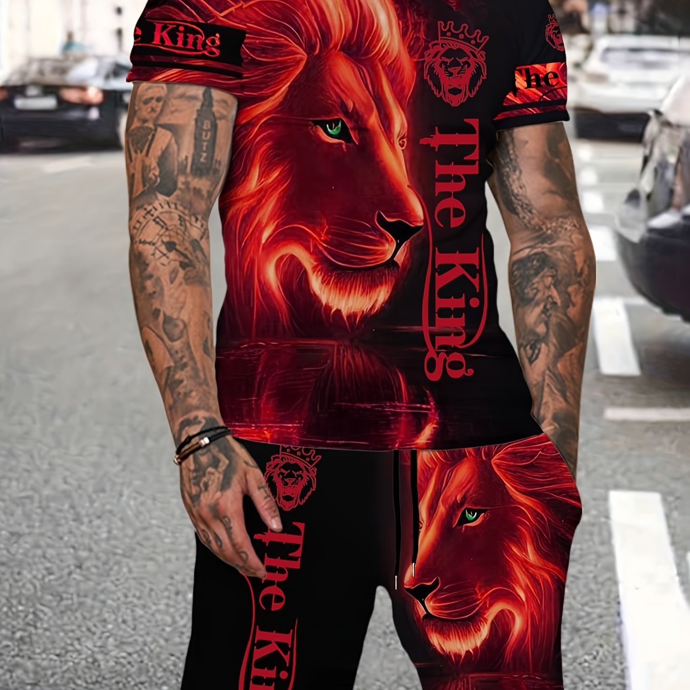 Men's Lion Print T shirt & Shorts Set For Outdoor