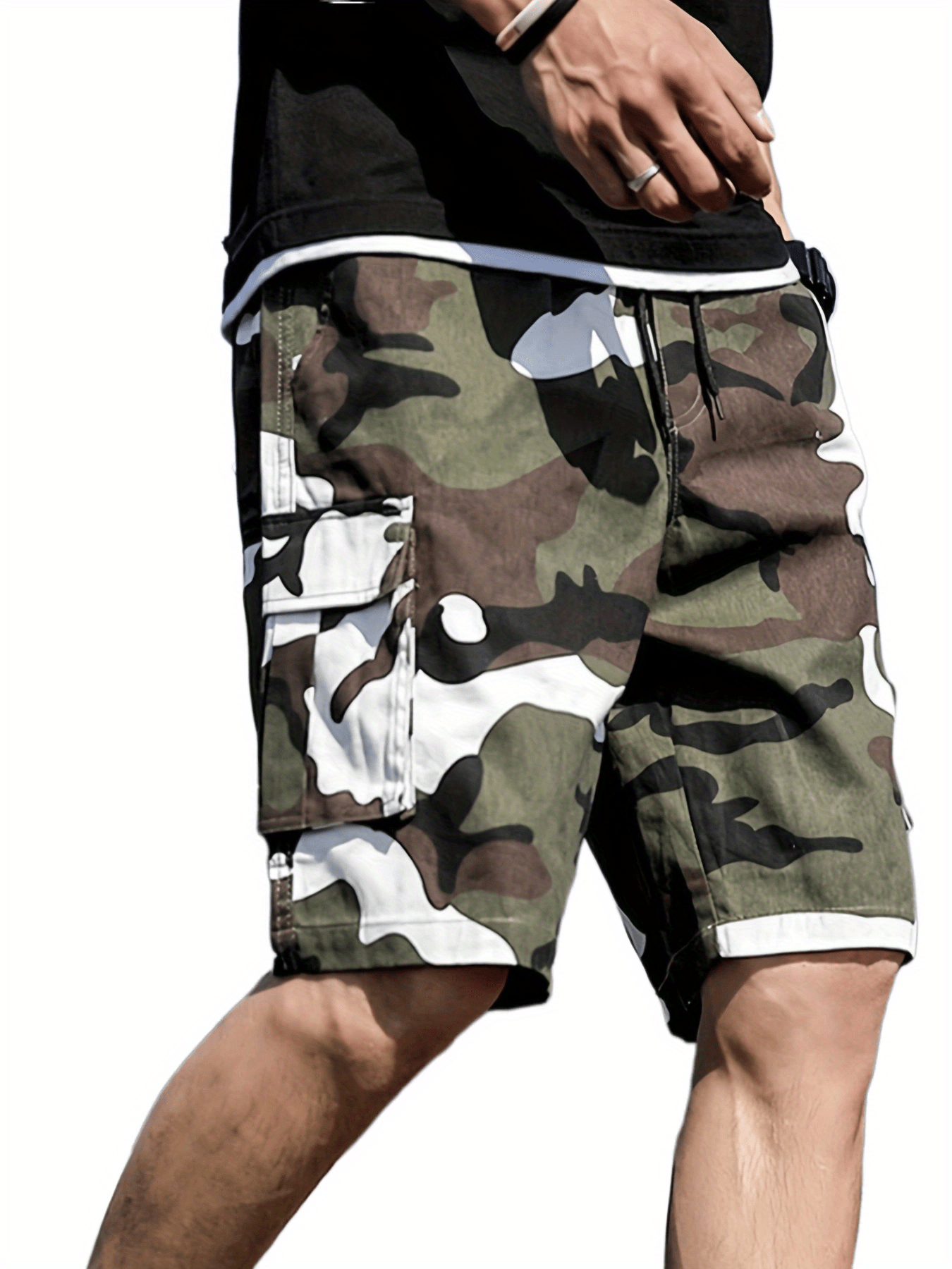 Camouflage Pattern Cargo Shorts Men's Casual Pocket Waist Drawstring Shorts