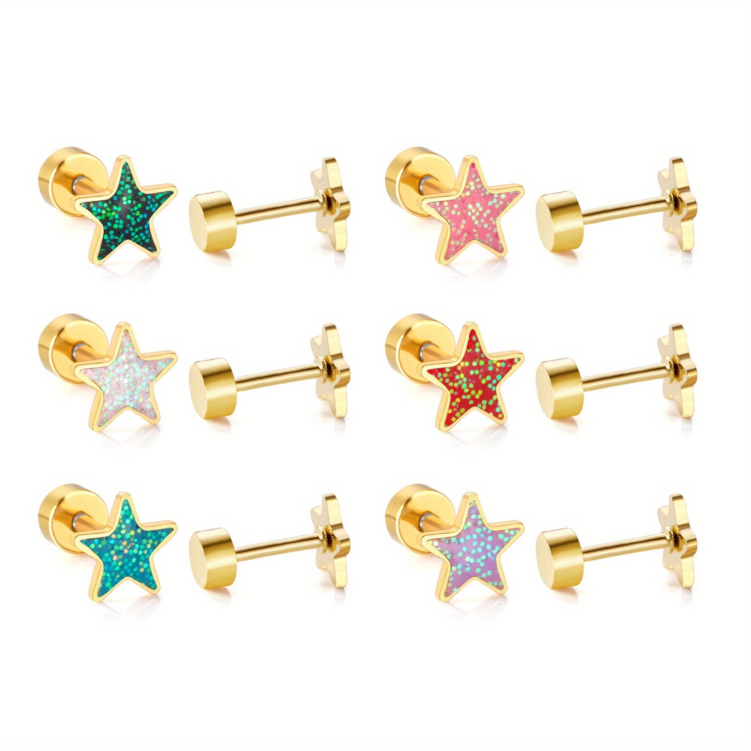 6 Pairs Mini Glitter Pentagram Star Screw Stud Earrings Golden Silver