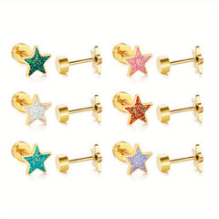 6 Pairs Mini Glitter Pentagram Star Screw Stud Earrings Golden Silver