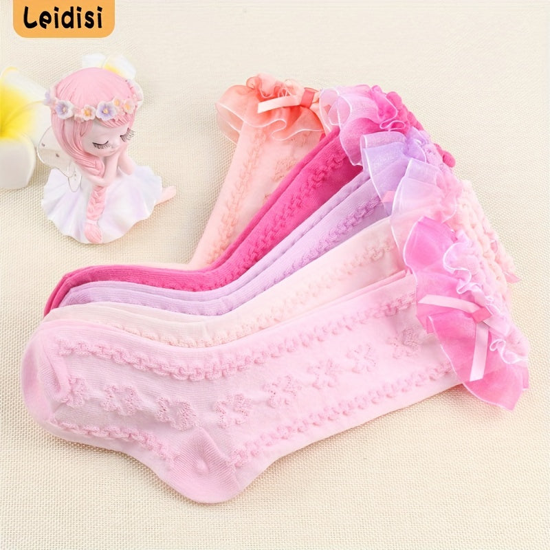 Girls Ruffled Princess Bow Knee High Socks Lace Stockings