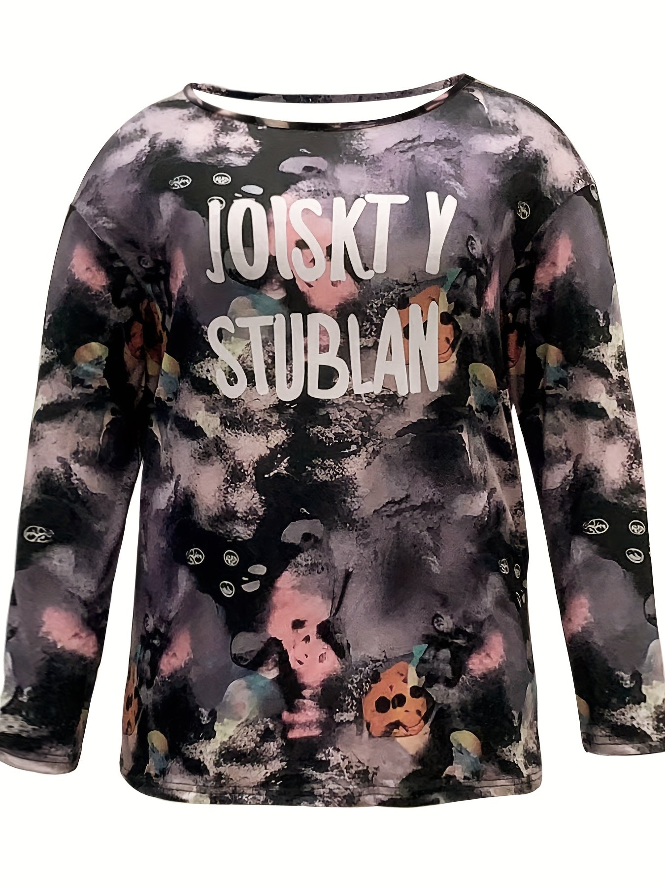 Tie Dye & Letter Print Long Sleeve Crew Neck Tee