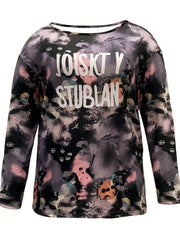 Tie Dye & Letter Print Long Sleeve Crew Neck Tee