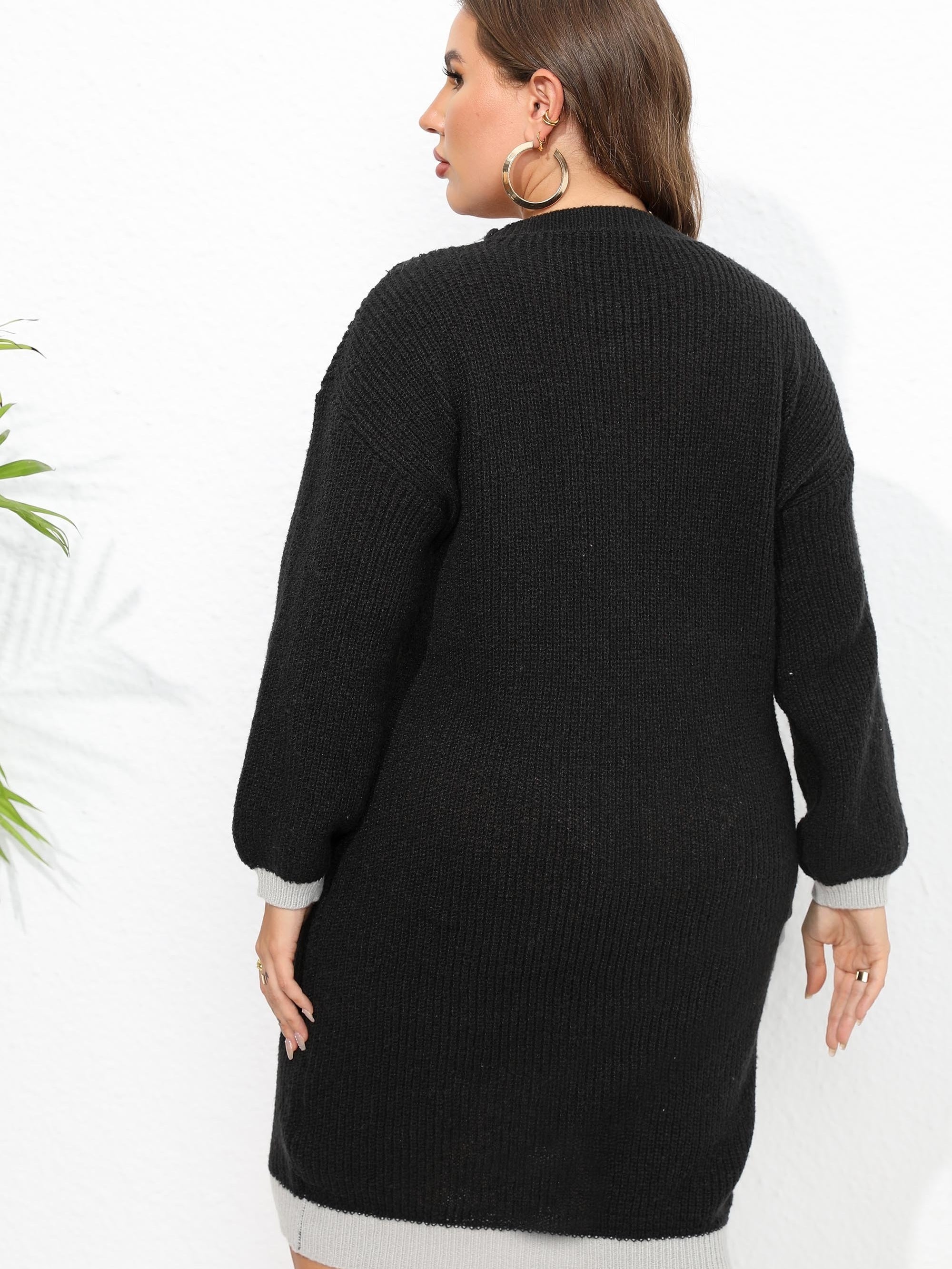 Colorblock Lantern Sleeve V Neck Midi Sweater Dress