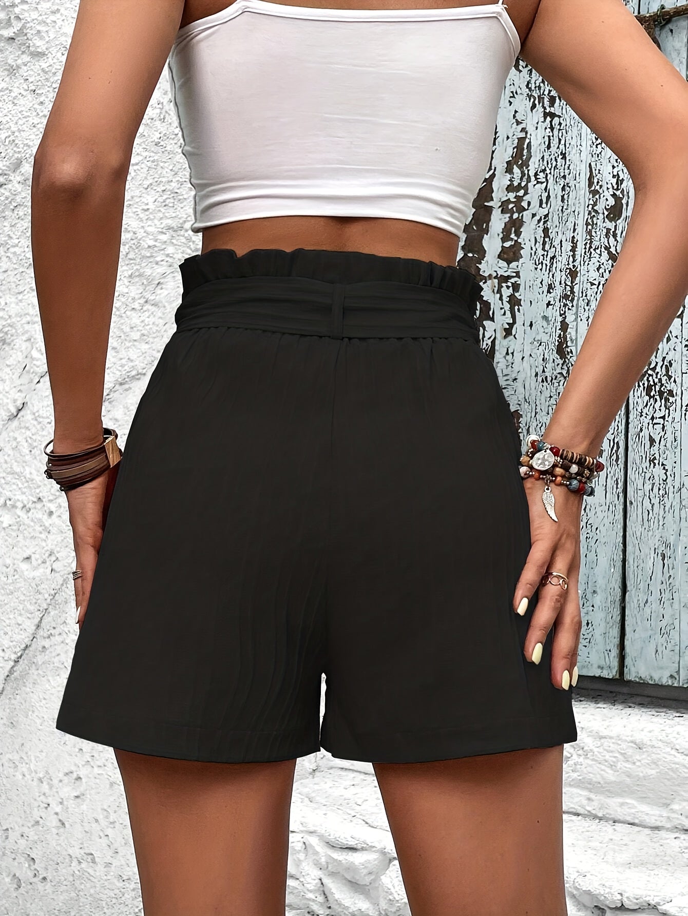 Ruffle Trim Pleated Belted Shorts Casual Women's Clothing