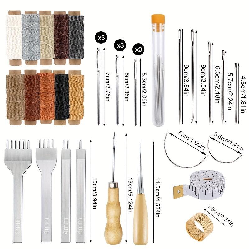 35pcs Leather Stitching Pouch Kit - 4mm Punch, Thread, Needles