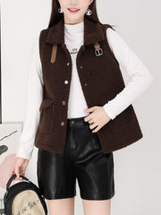 Solid Teddy Vest Casual Button Front Sleeveless Warm Vest