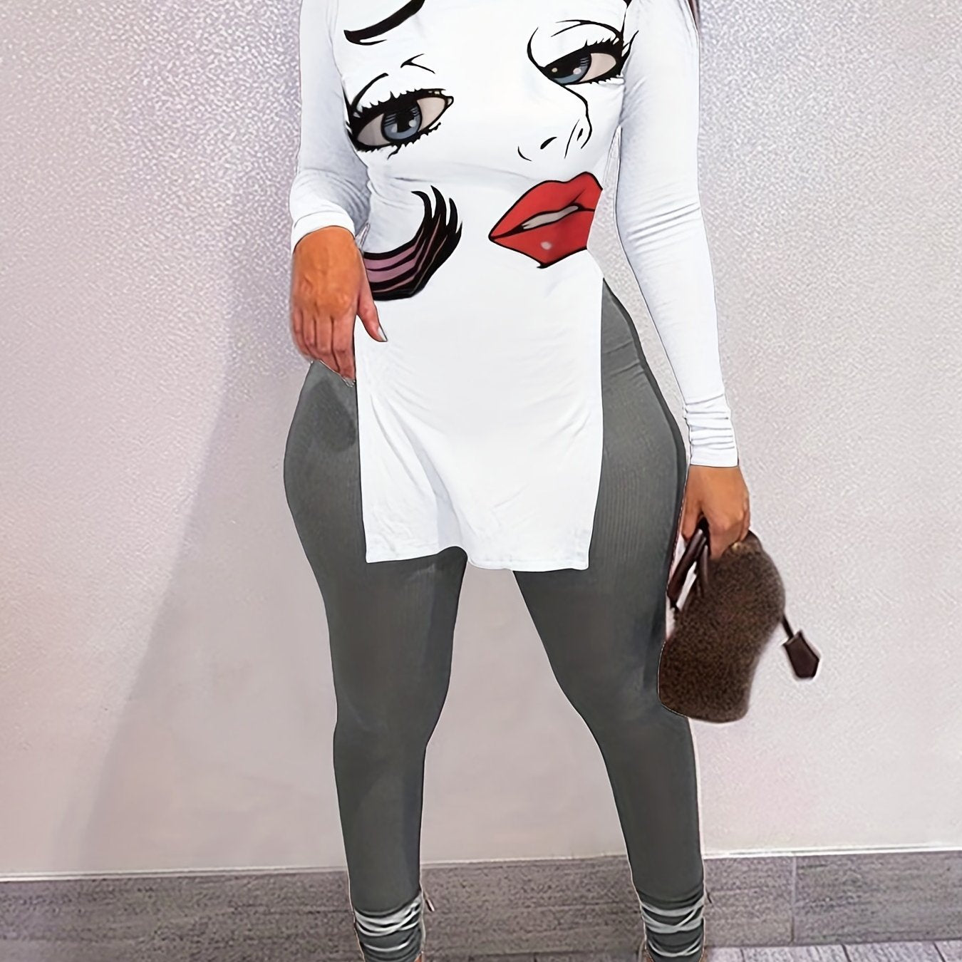 Figure Print T shirt & High Waist Pants Set Women's Outfit