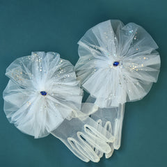 Short Fingerless Floral Bridal Gloves with Mesh Flower & Gemstones