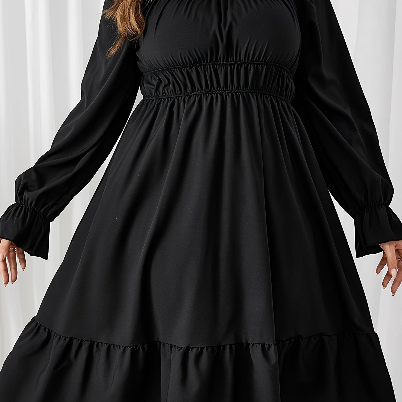 Solid Flounce Sleeve Round Neck Ruffle Trim Dress