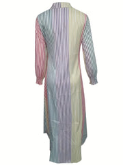 Colorful Stripe Print Long Sleeve Button Up Maxi Shirt Dress