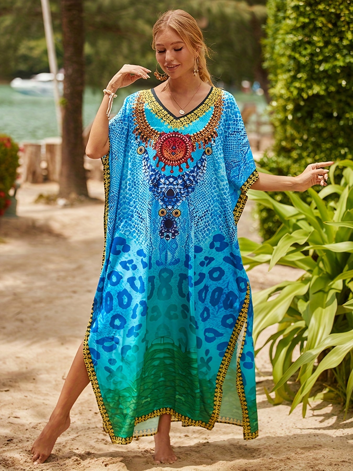 Boho Cover Up Dress Colorblock Leopard Print Bat Sleeve V Neck